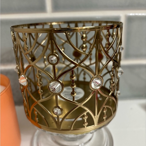 Bath & Body Works Gold Gem Glass Pedestal 3-Wick Candle Holder with new candle - Picture 7 of 8
